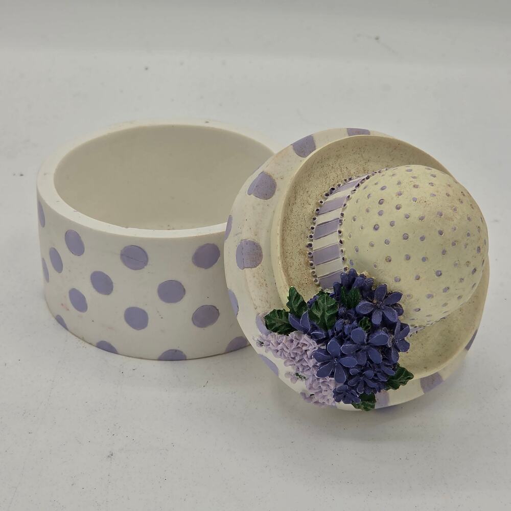 Vtg Two's Company Resin Hat Box Trinket Box Purple Lilac Polka Dot Cottagecore